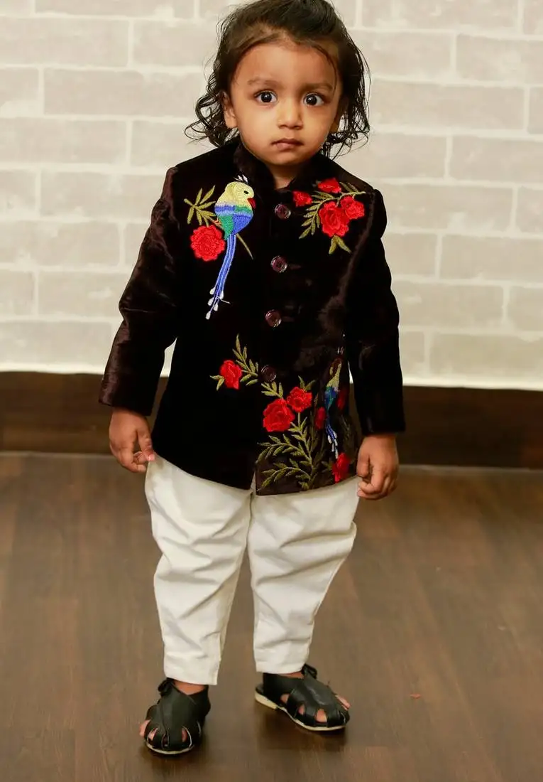 Blue embroidered velvet boys-indo-western-dress