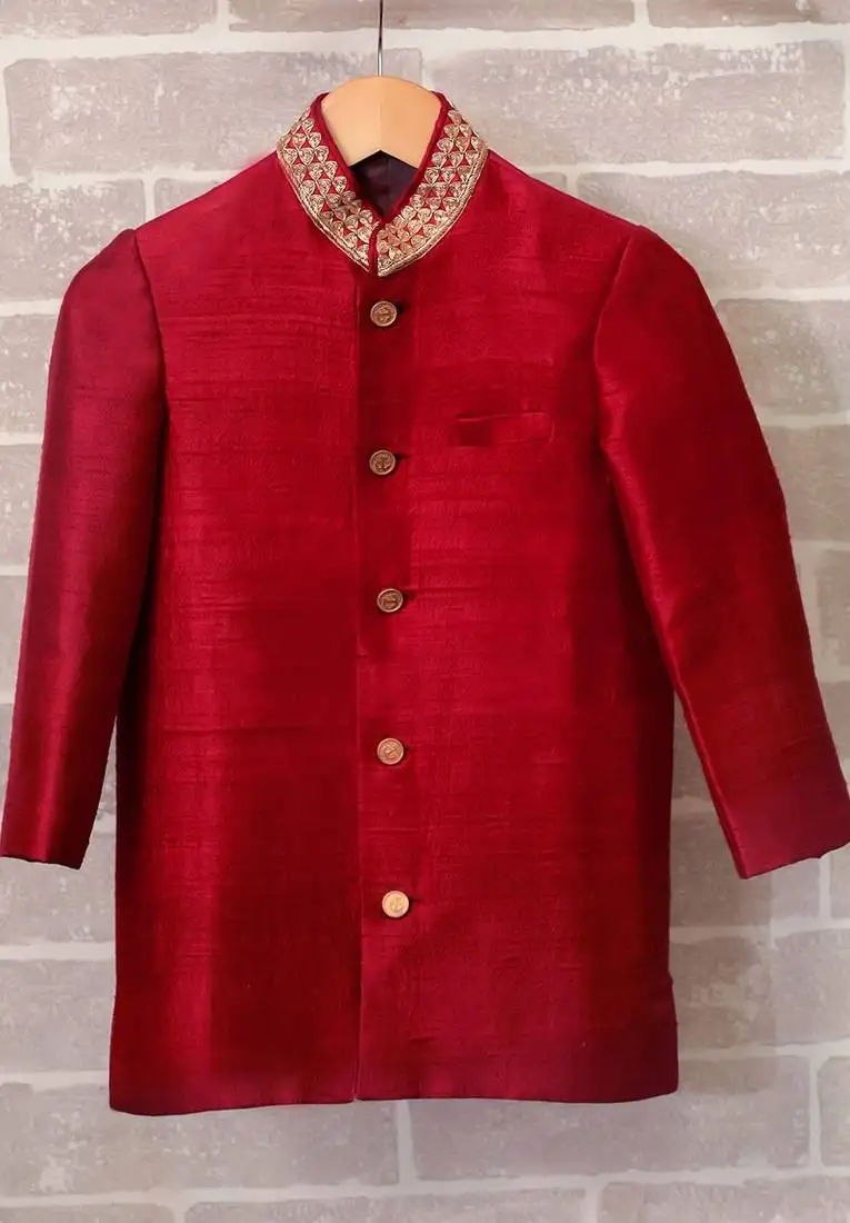 Red plain raw silk boys-indo-western-dress