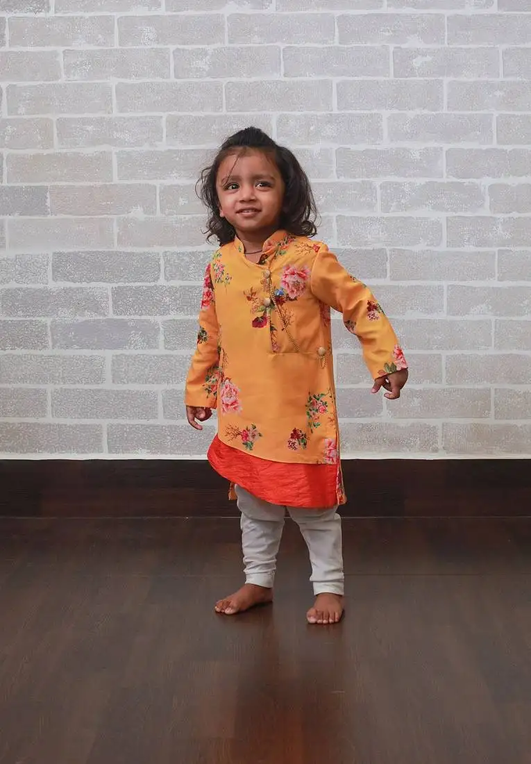 Yellow printed art silk boys-kurta-pyjama