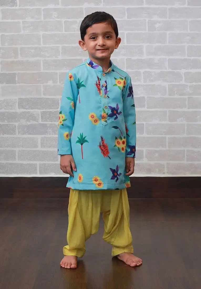 Blue printed art silk boys-kurta-patiala