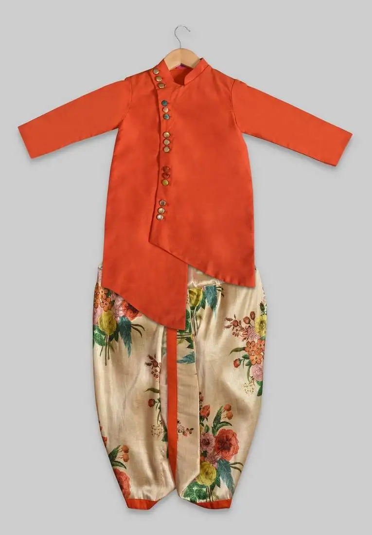 Orange plain cotton silk boys-dhoti-kurta