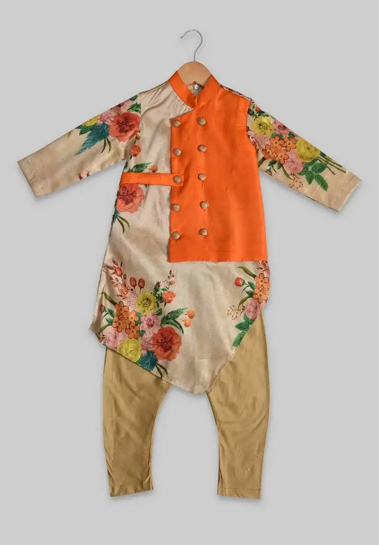 Orange printed cotton silk boys-kurta-pyjama