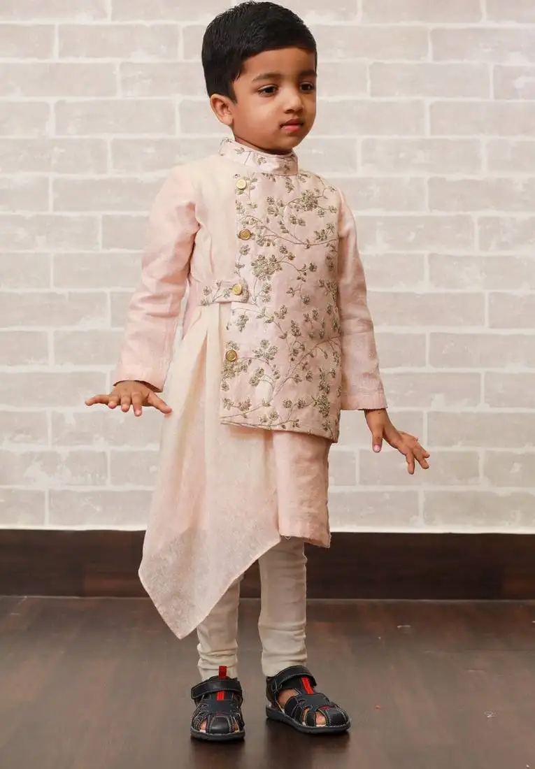 Pink plain linen boys-kurta-pyjama