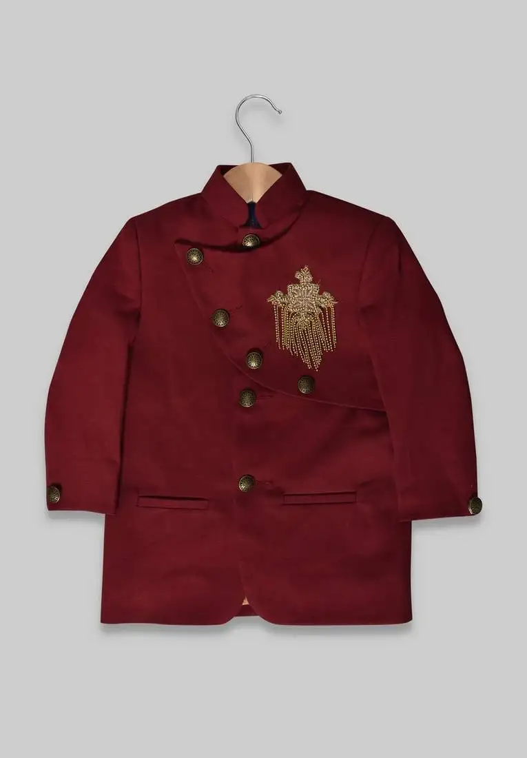 Red plain raw silk boys-indo-western-blazer
