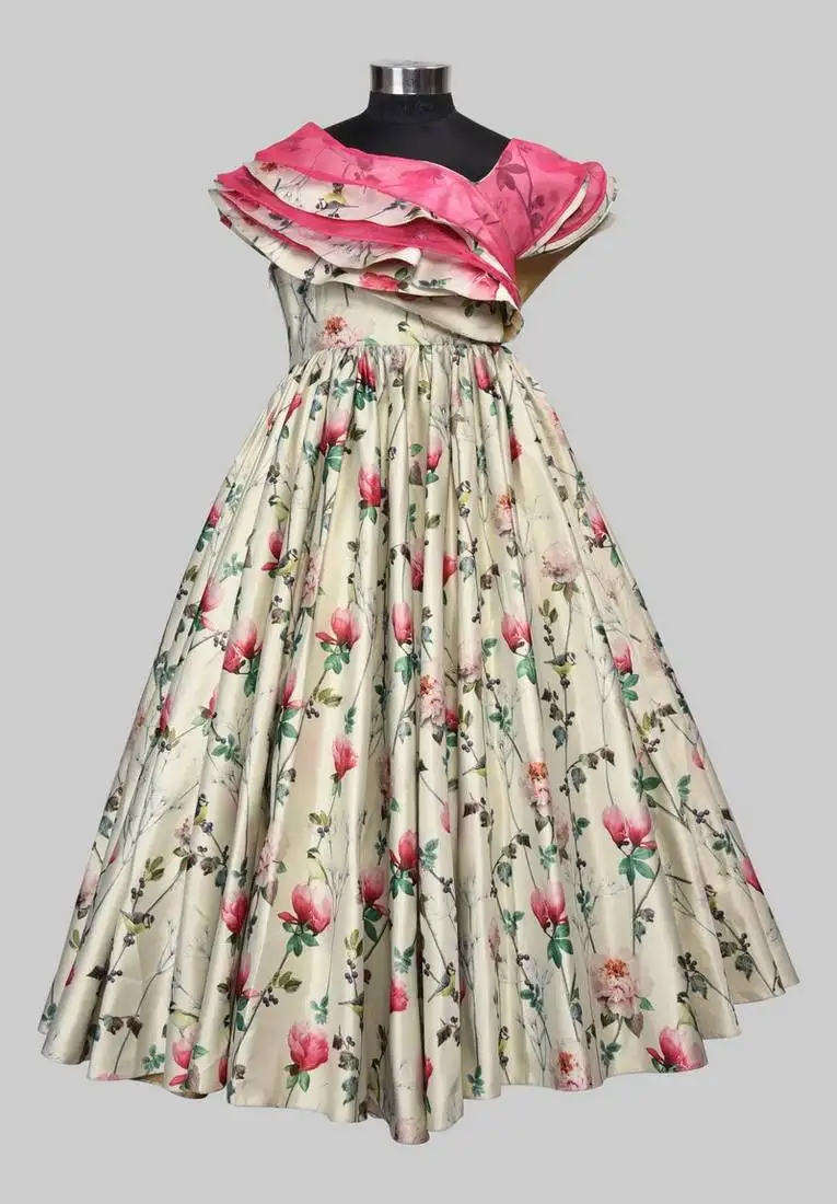 Pink printed art silk kids-girl-gowns