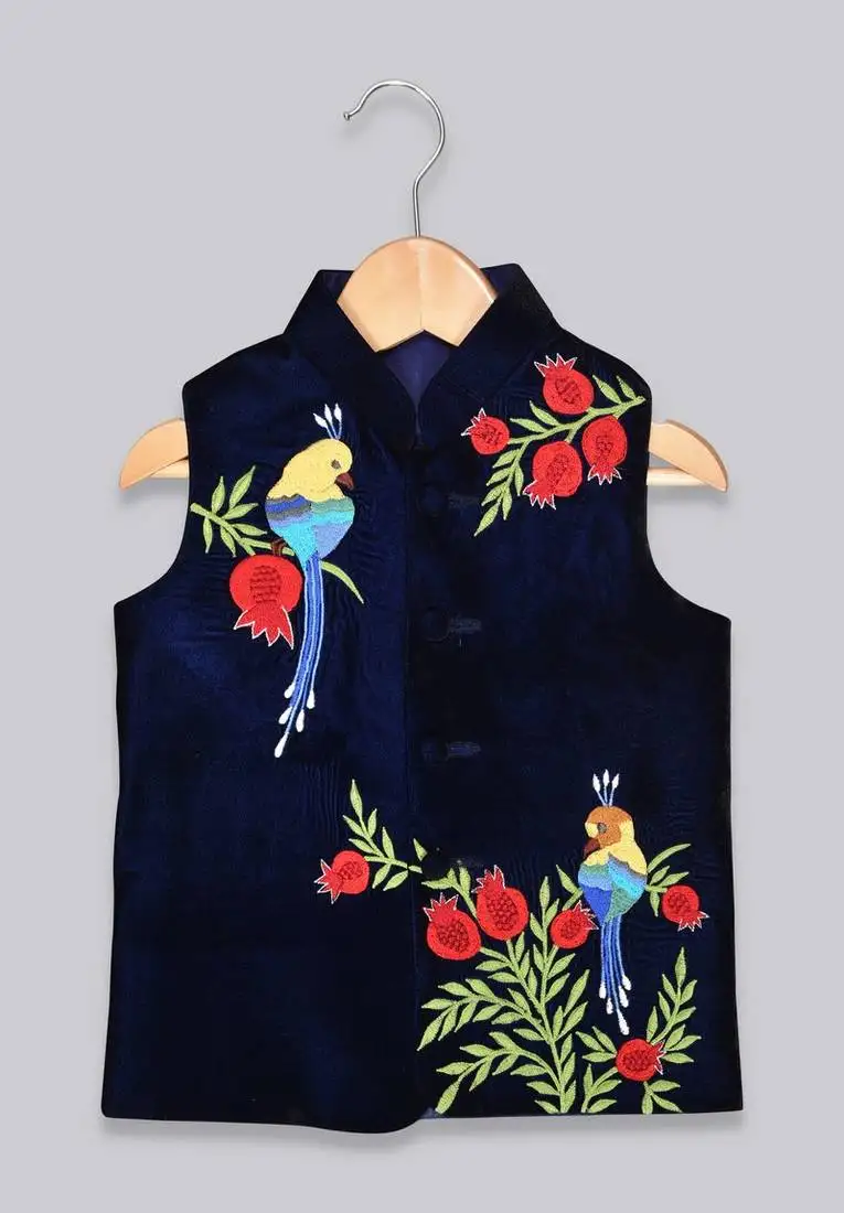 Blue embroidered velvet boys-nehru-jacket