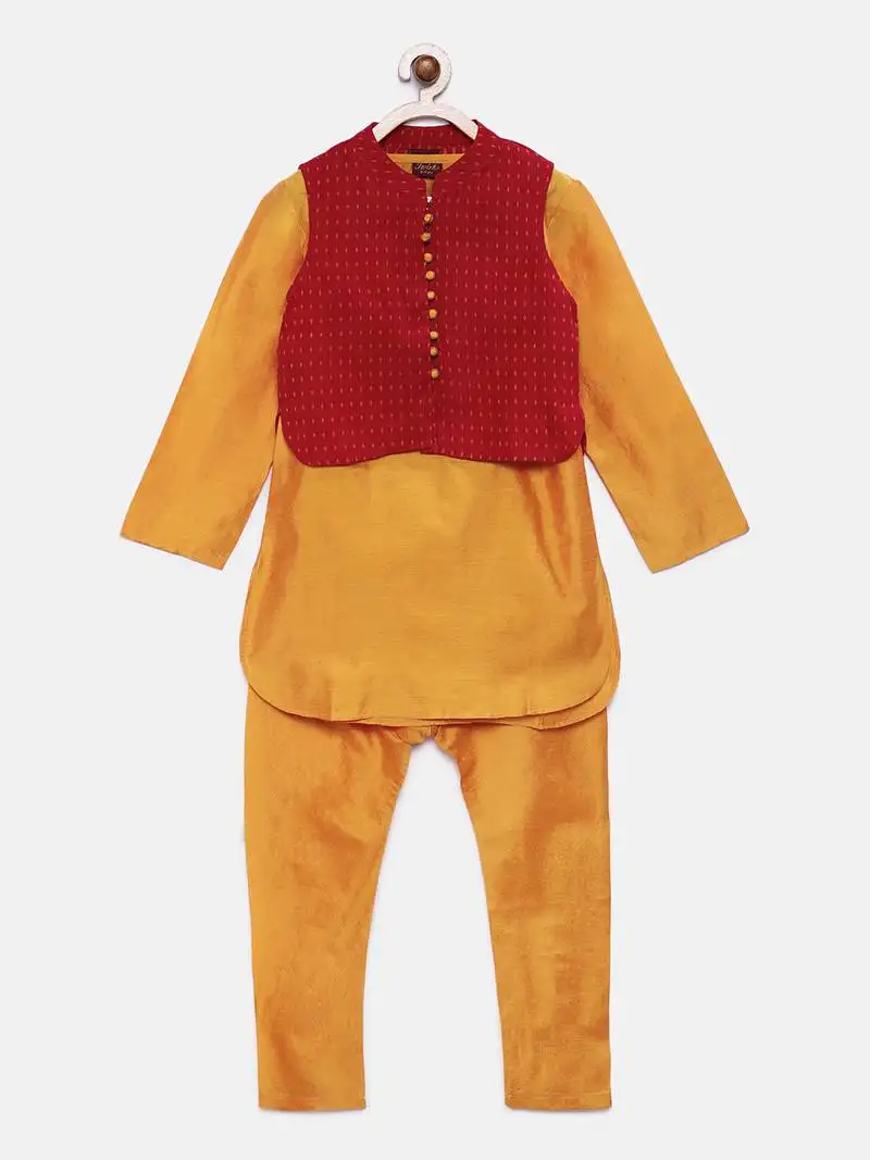 Gold plain polyester boys-kurta-pyjama