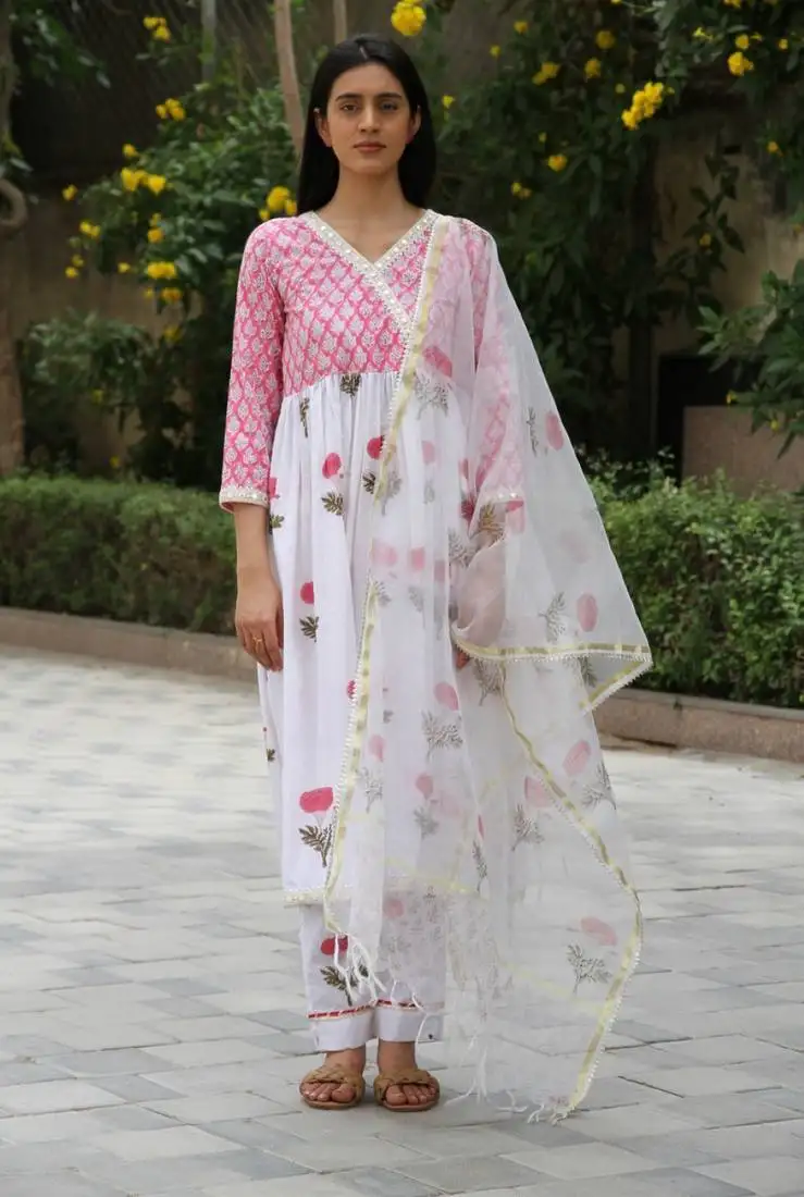 Red hand block printed cotton dobby suit- set of 3