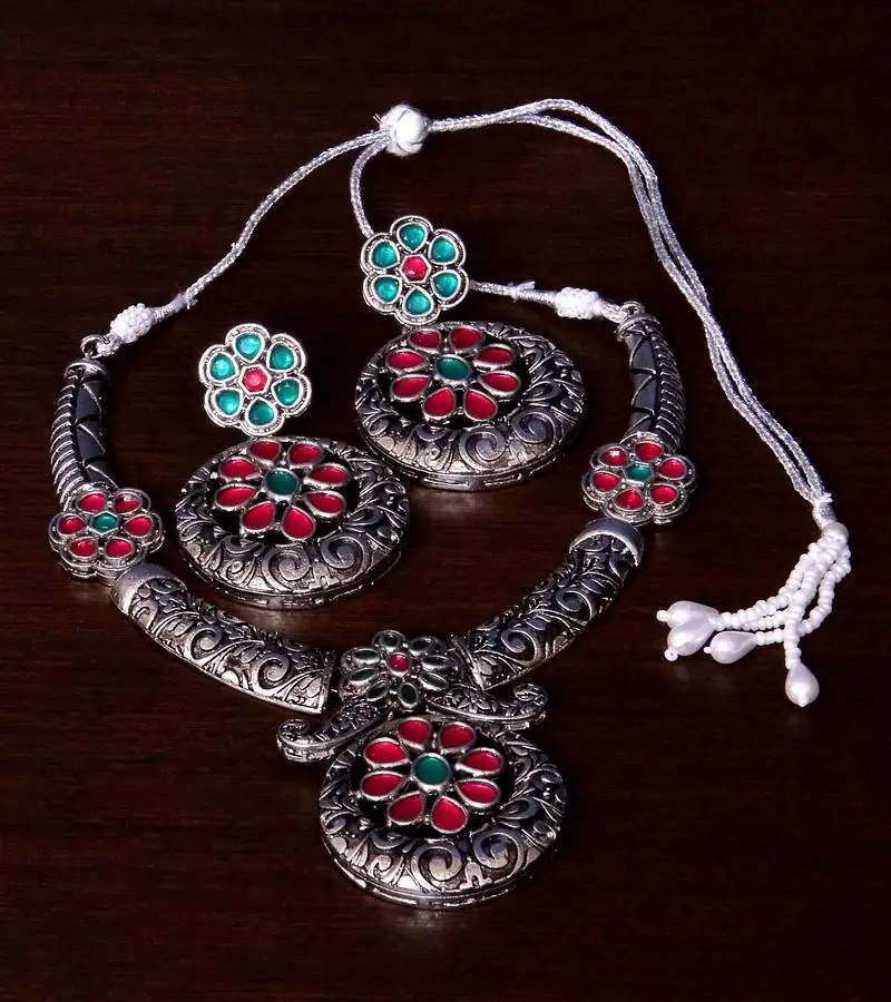 Stone embellished silver oxidised designer necklace cum earrings 317fnn156