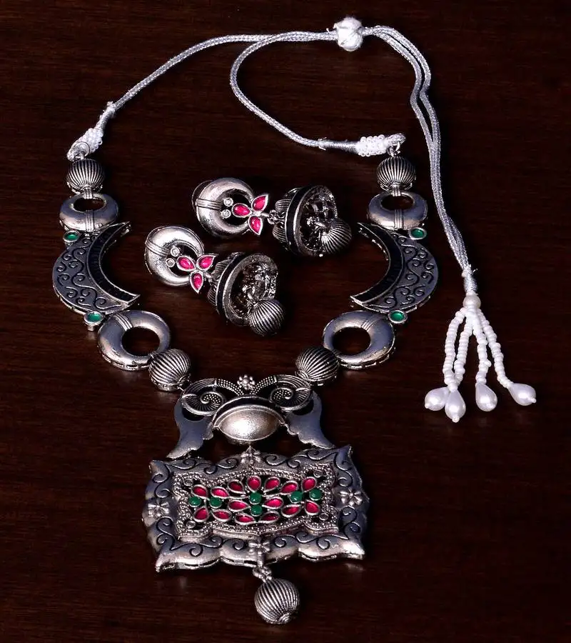 Stone embellished silver oxidised designer necklace cum earrings 317fnn158