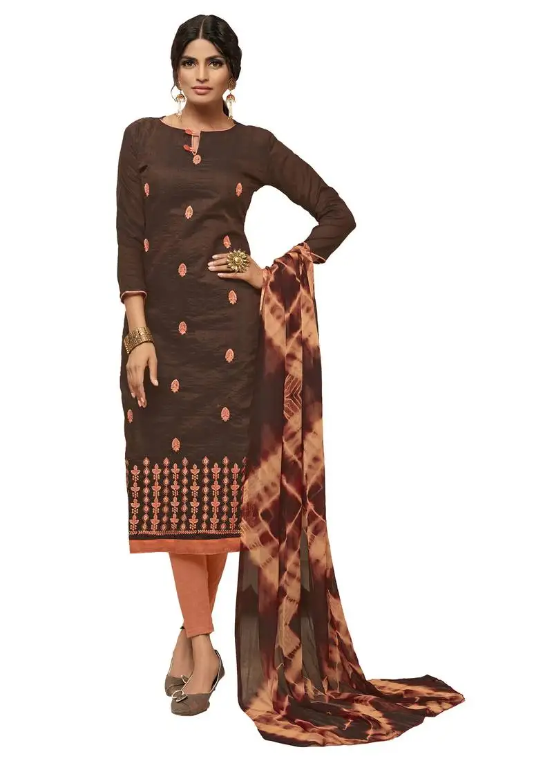 Kimisha brown & peach modal silk embroidered dress material with laheria dupatta unstitched