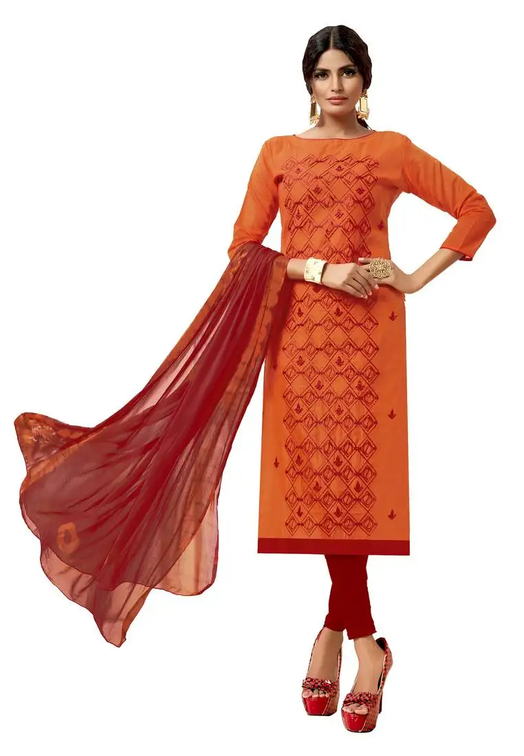Kimisha orange & red modal silk embroidered dress material with laheria dupatta unstitched