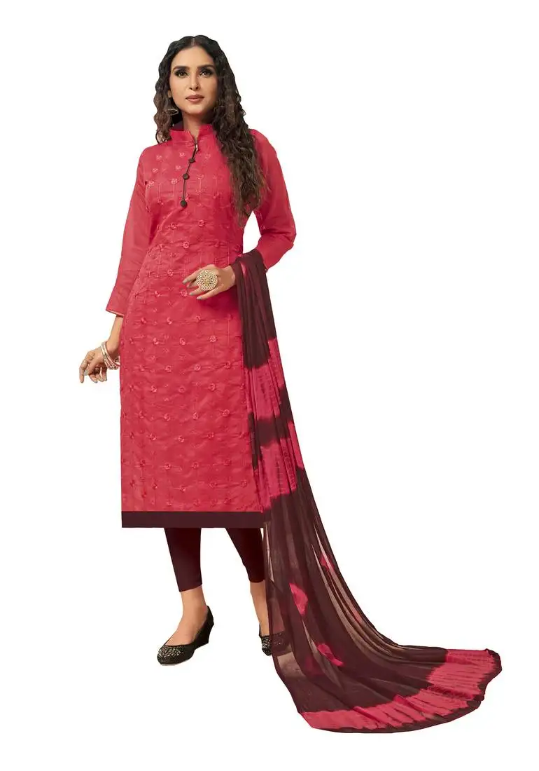 Kimisha pink & maroon modal silk embroidered dress material with laheria dupatta unstitched