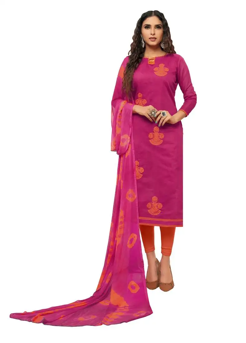 Kimisha pink & orange modal silk embroidered dress material with laheria dupatta unstitched