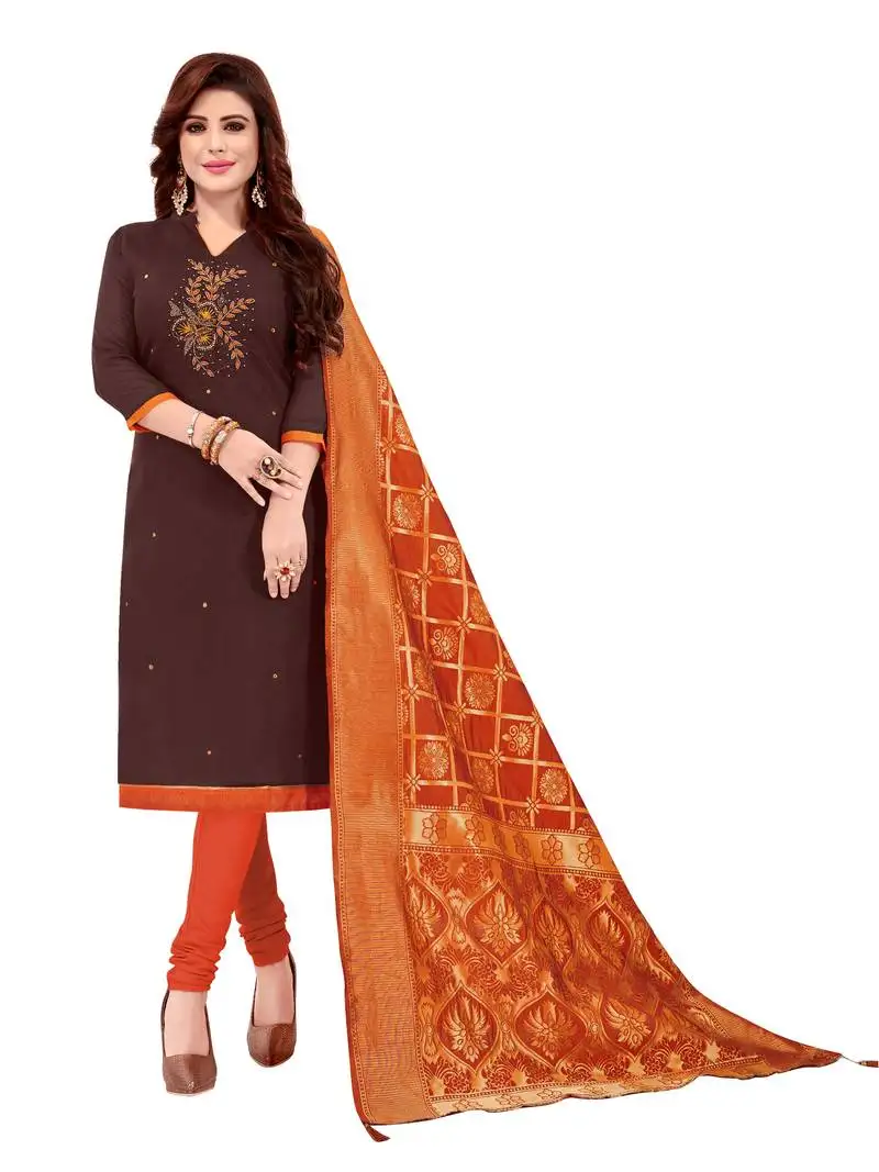 Women's maroon slub cotton hand work dress material with banarasi dupatta unstitched