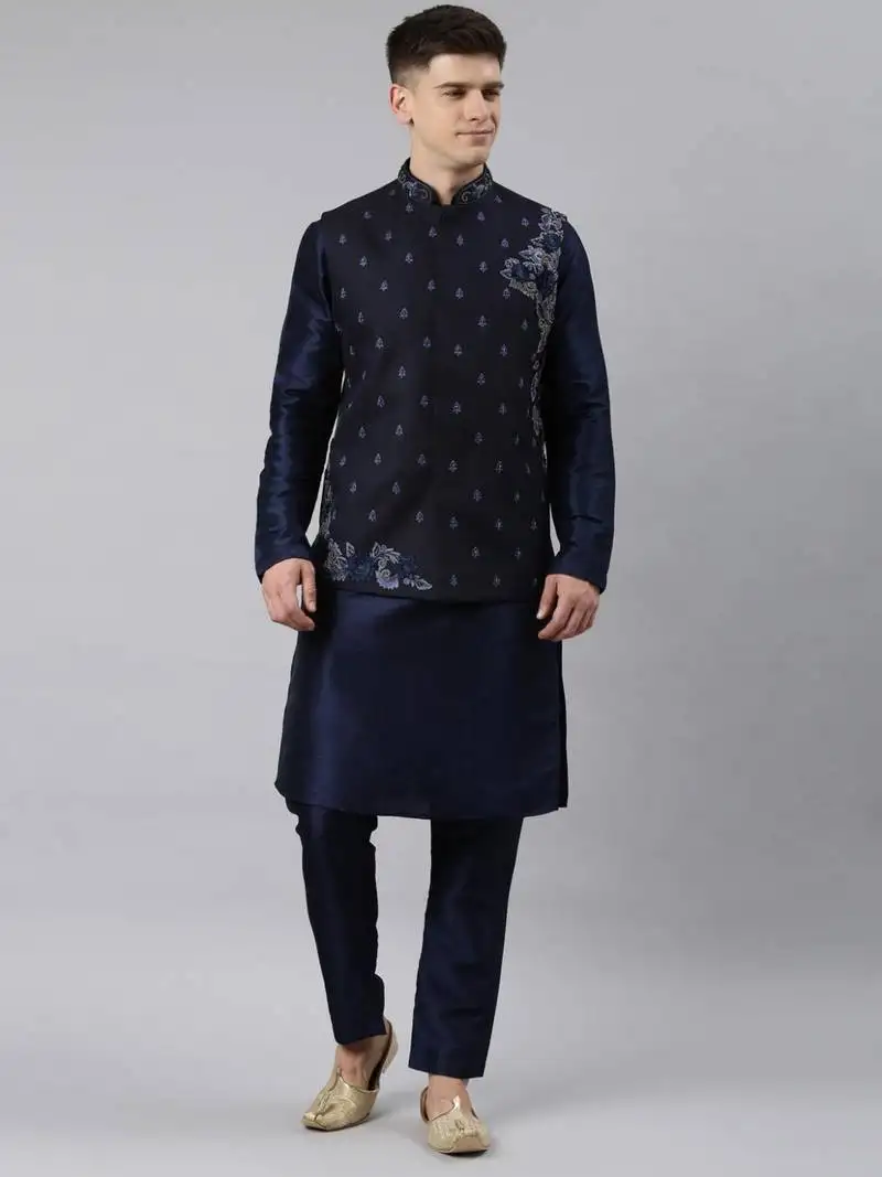 Navy blue embroidered jacket and kurta set