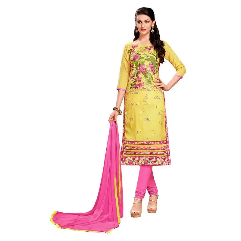 Yellow thread faux cotton salwar semi stitched