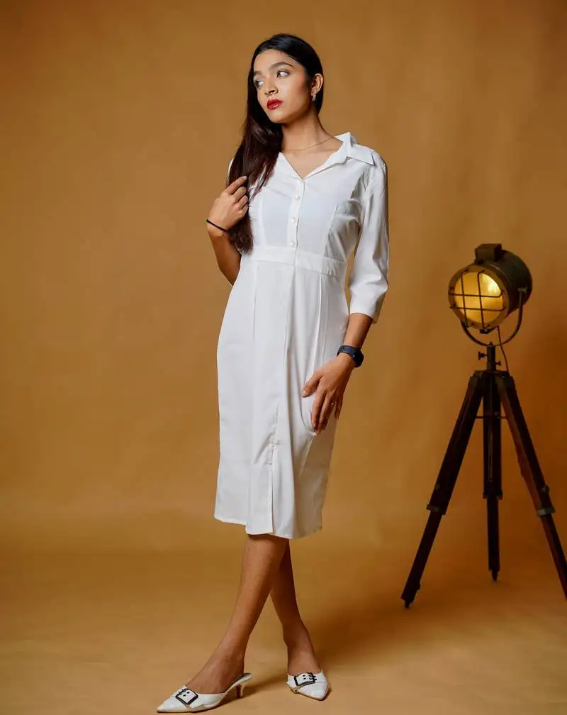 White crepe lycra plain fit and flare shirt dress western