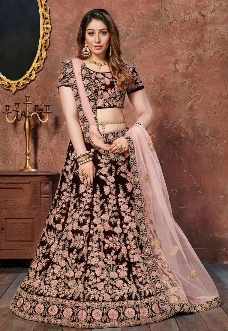 Maroon thread, dori, and sequins embroidered velvet fabric lehenga choli for bridal