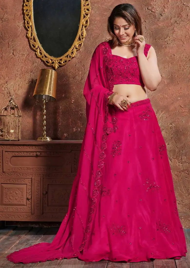 Marvelous rani pink zari sequins and dori embroidered georgette semi stitched lehenga