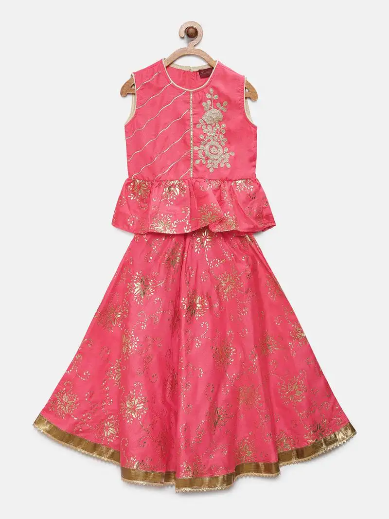 Pink embroidered art silk girls-top-bottom