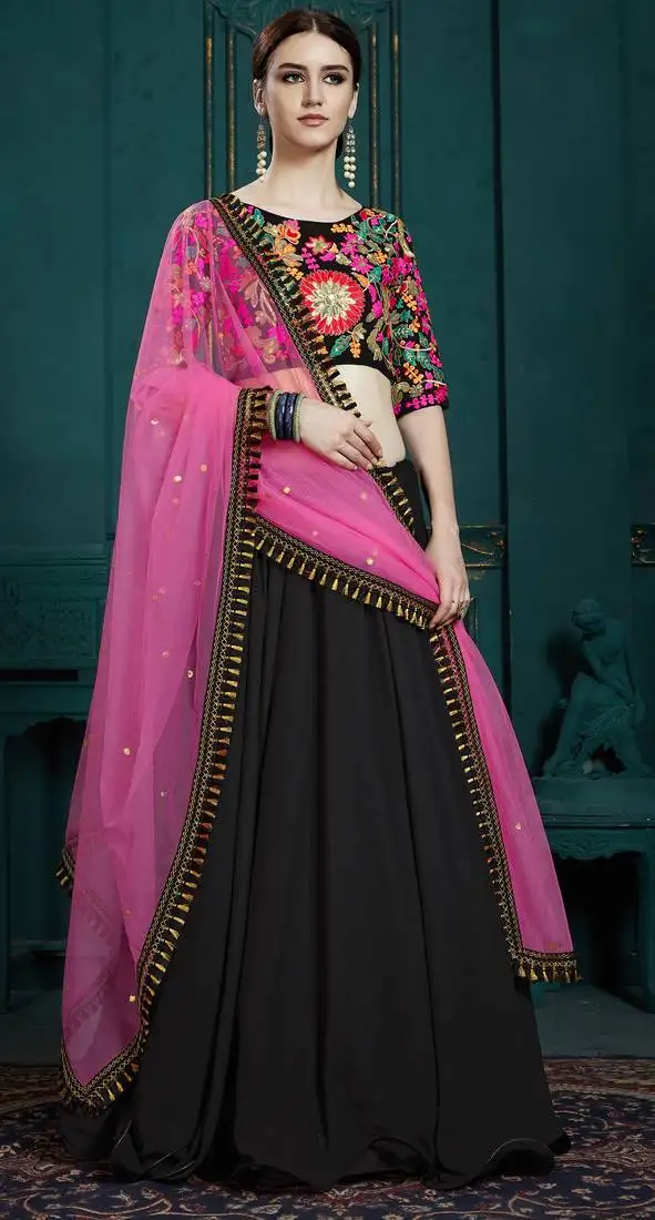 Marvelous black & pink colored thread & sequins embroidered georgette ghagra choli