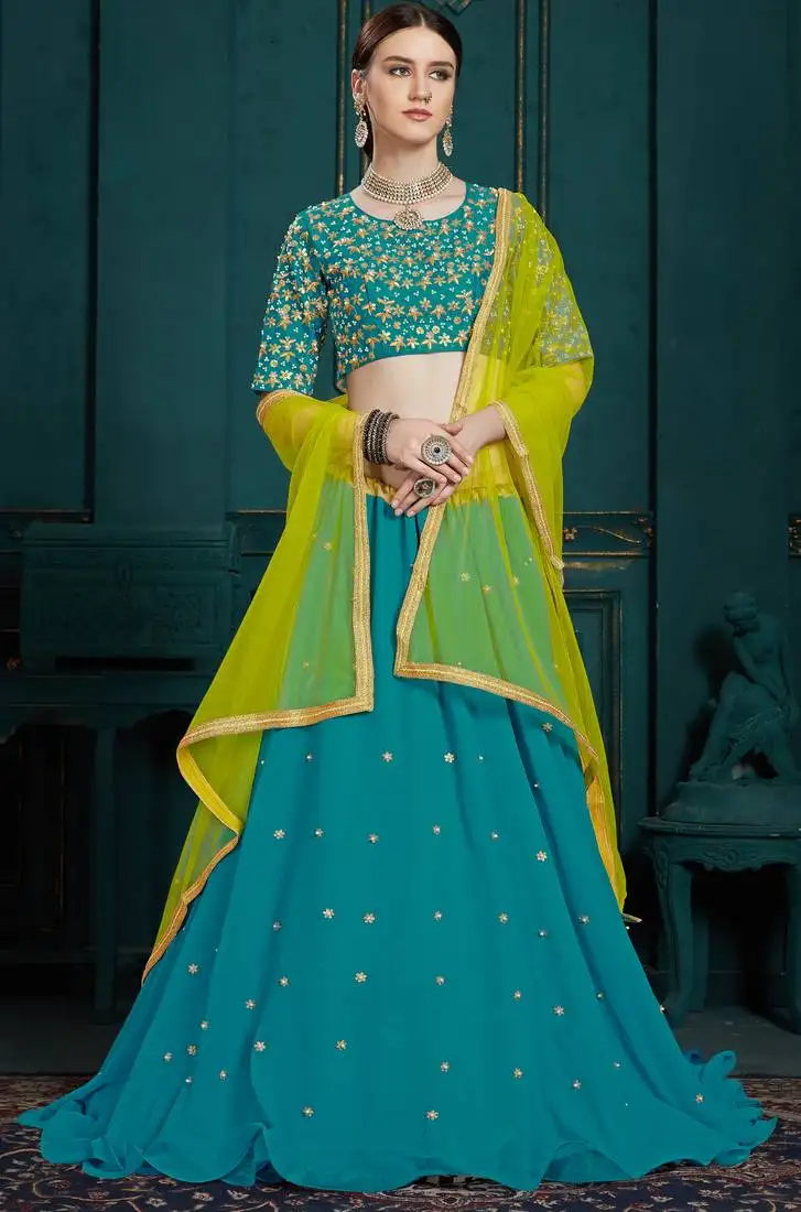Mesmerizing blue colored thread embroidered georgette lehenga choli for wedding