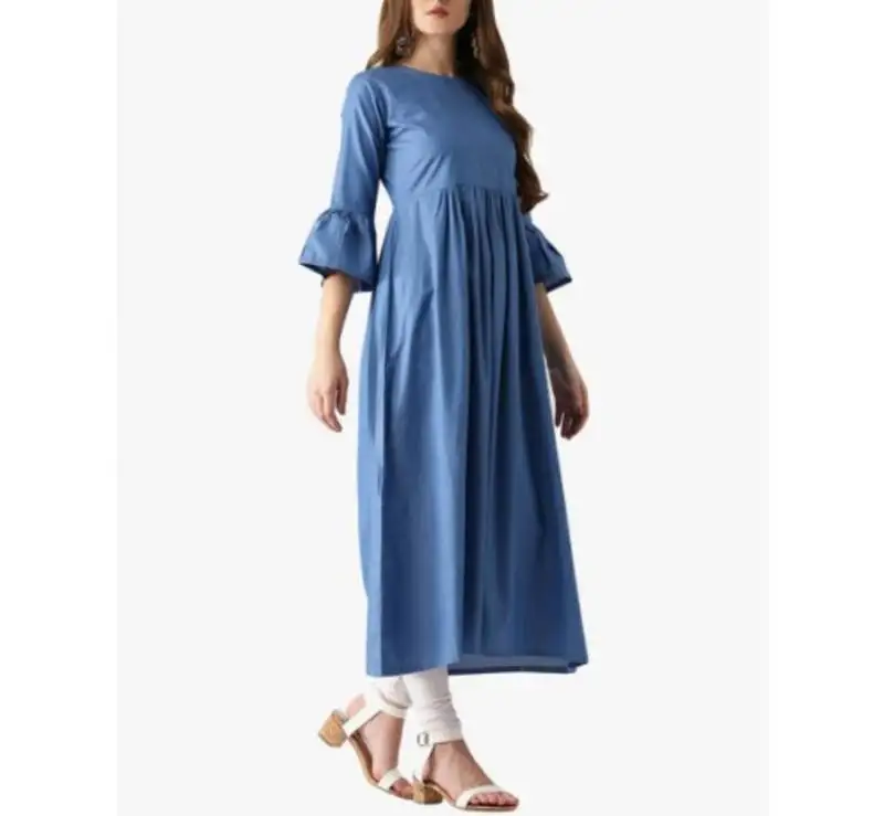 Light-blue plain cotton long-kurtis