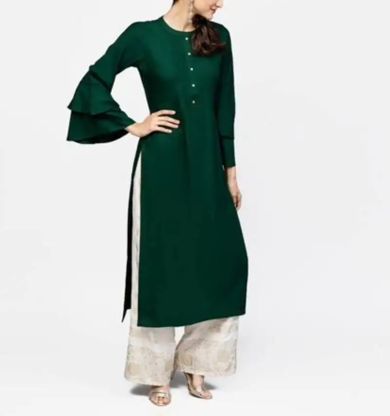 Dark-green plain cotton long-kurtis
