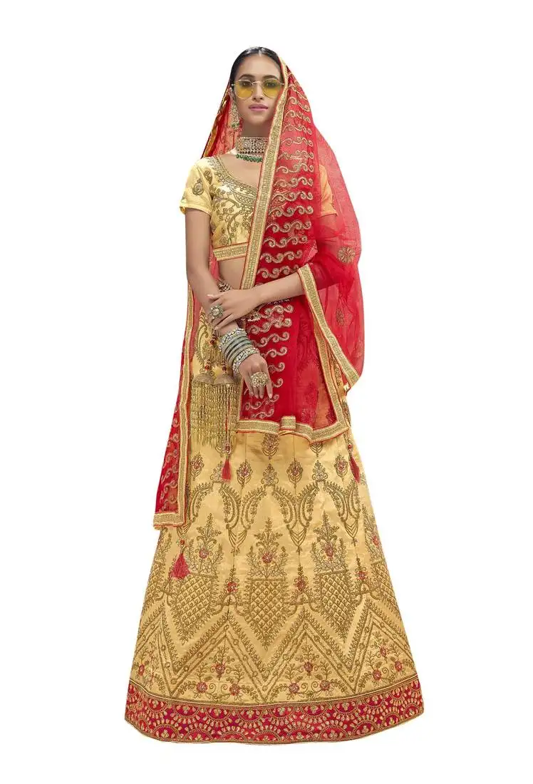 Beige embroidered art silk semi stitched lehenga
