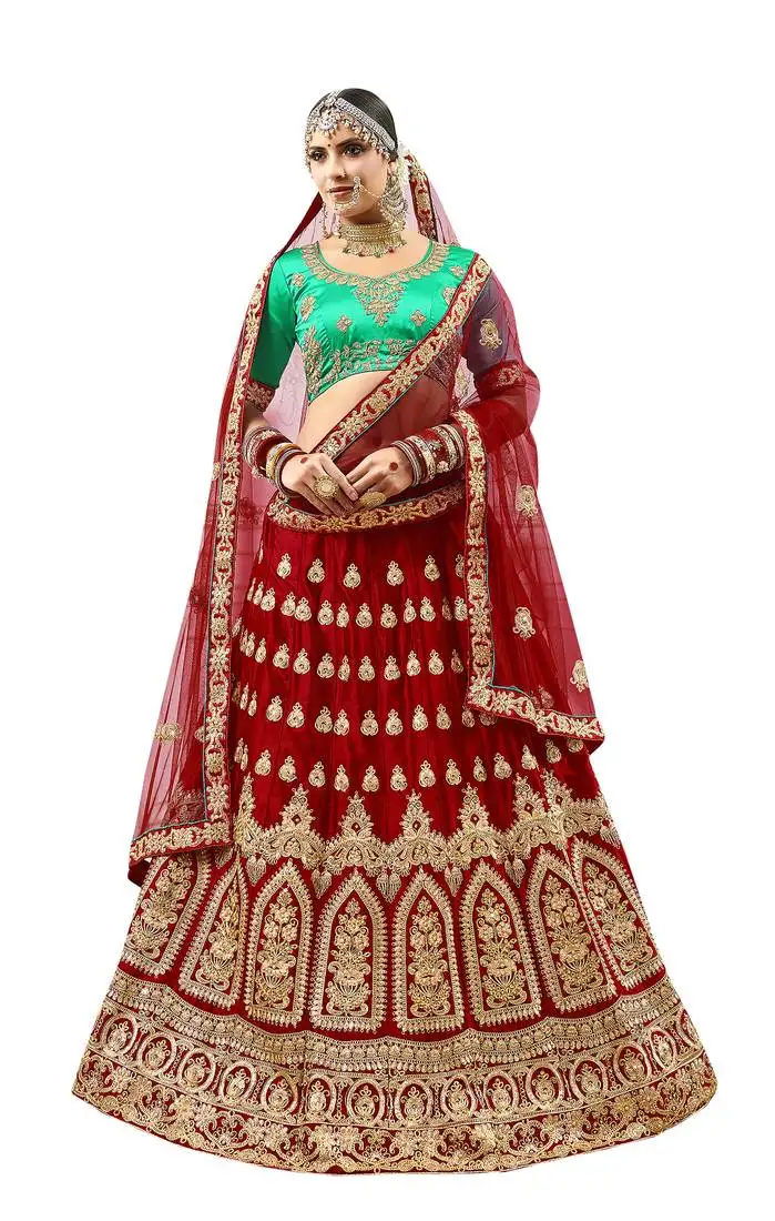 Maroon embroidered satin semi stitched lehenga