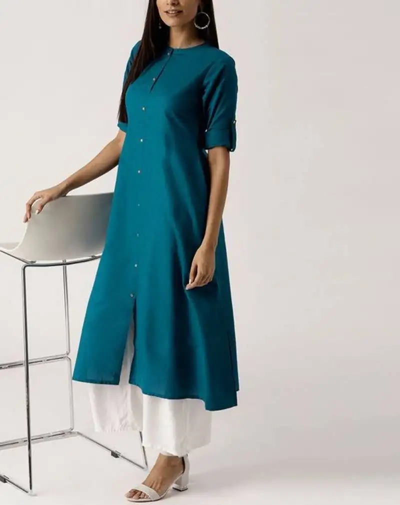 Teal plain cotton long-kurtis