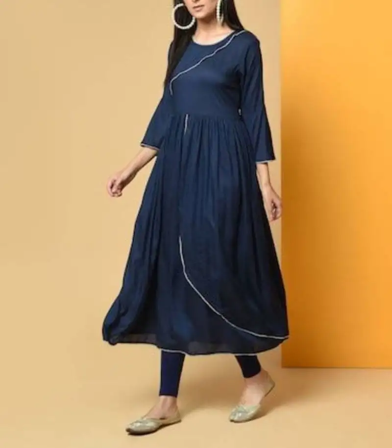 Royal-blue plain cotton long-kurtis
