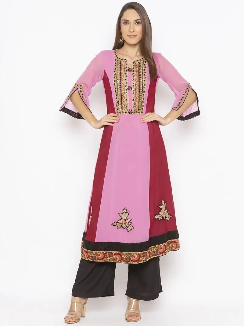 Light pink embroidered georgette party wear kurti