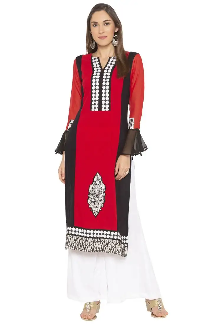 Red embroidered crepe party wear kurti