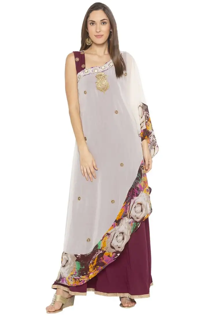 Cream embroidered georgette party wear kurti