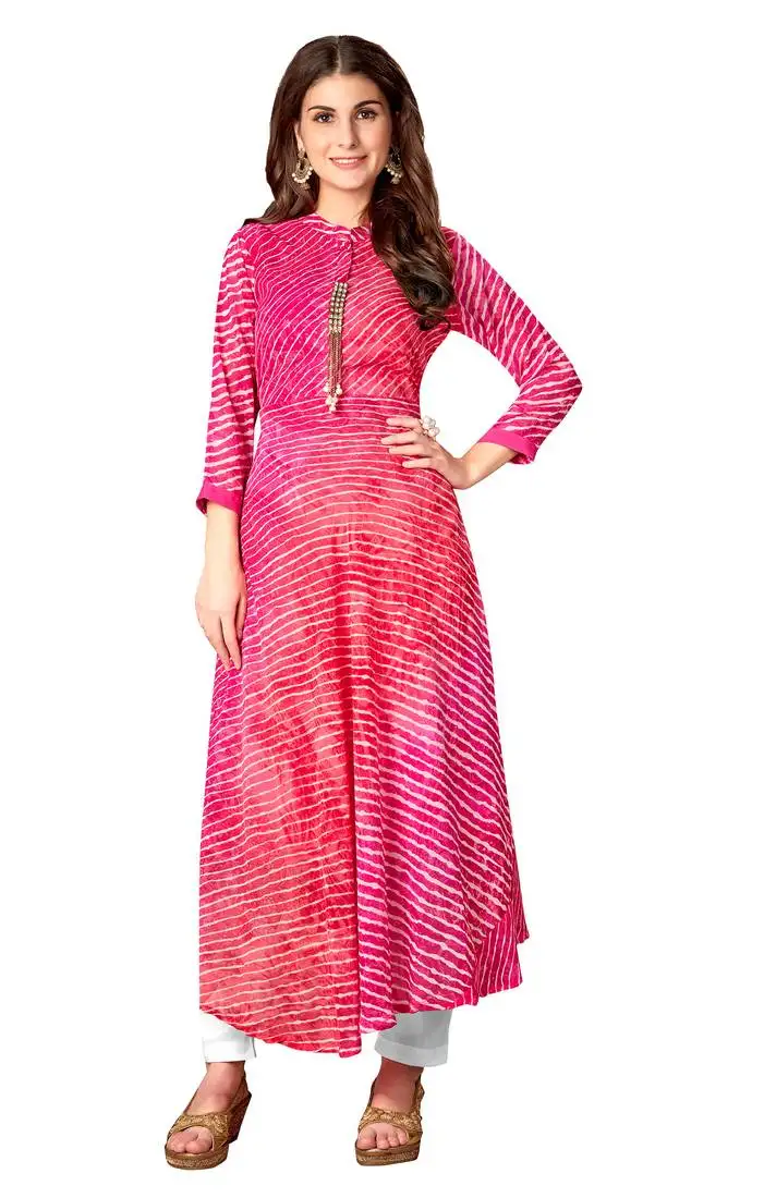 Kimisha pink chiffon full stitched laheria print anarkali kurti