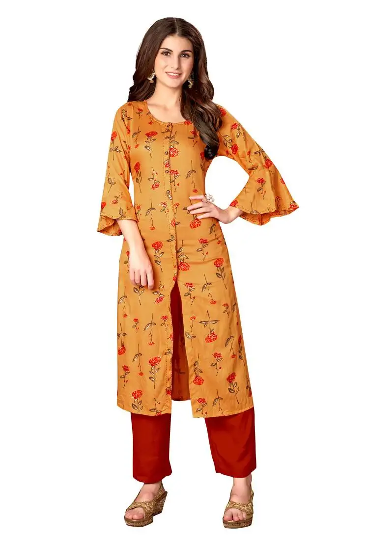 Mustard yellow rayon cotton printed straight kurta (full stitched)