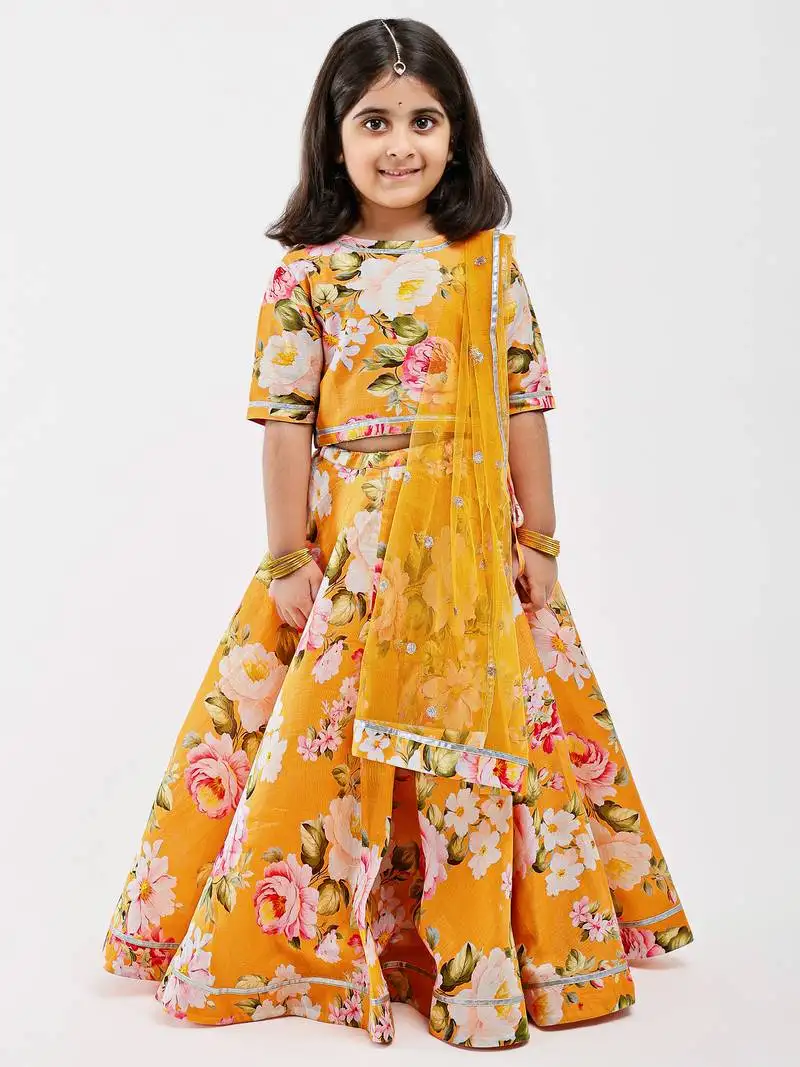 Yellow floral printed chanderi lehenga