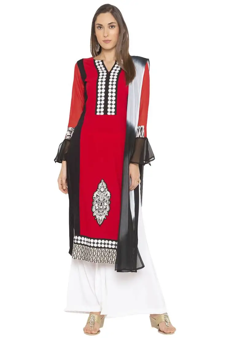 Red embroidered crepe salwar stitched