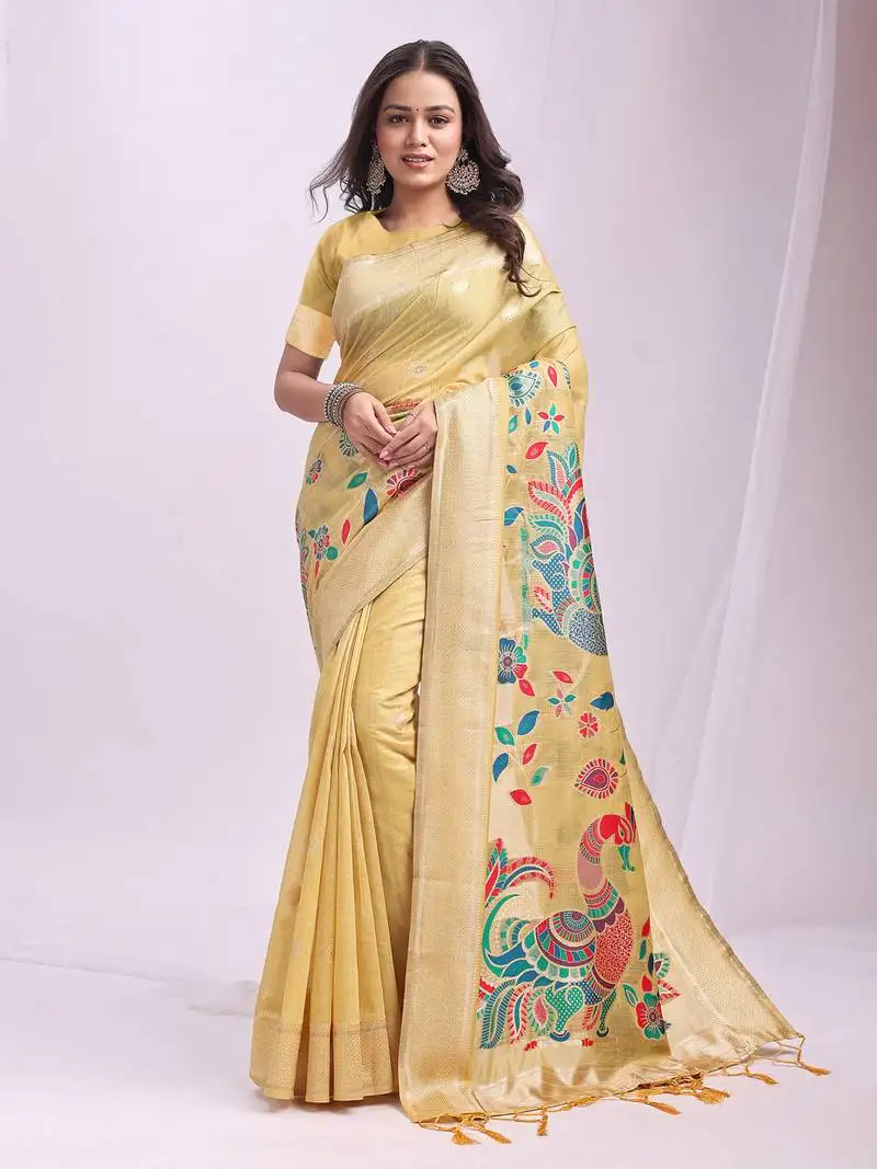 Woven jacquard yelllow linen cotton saree