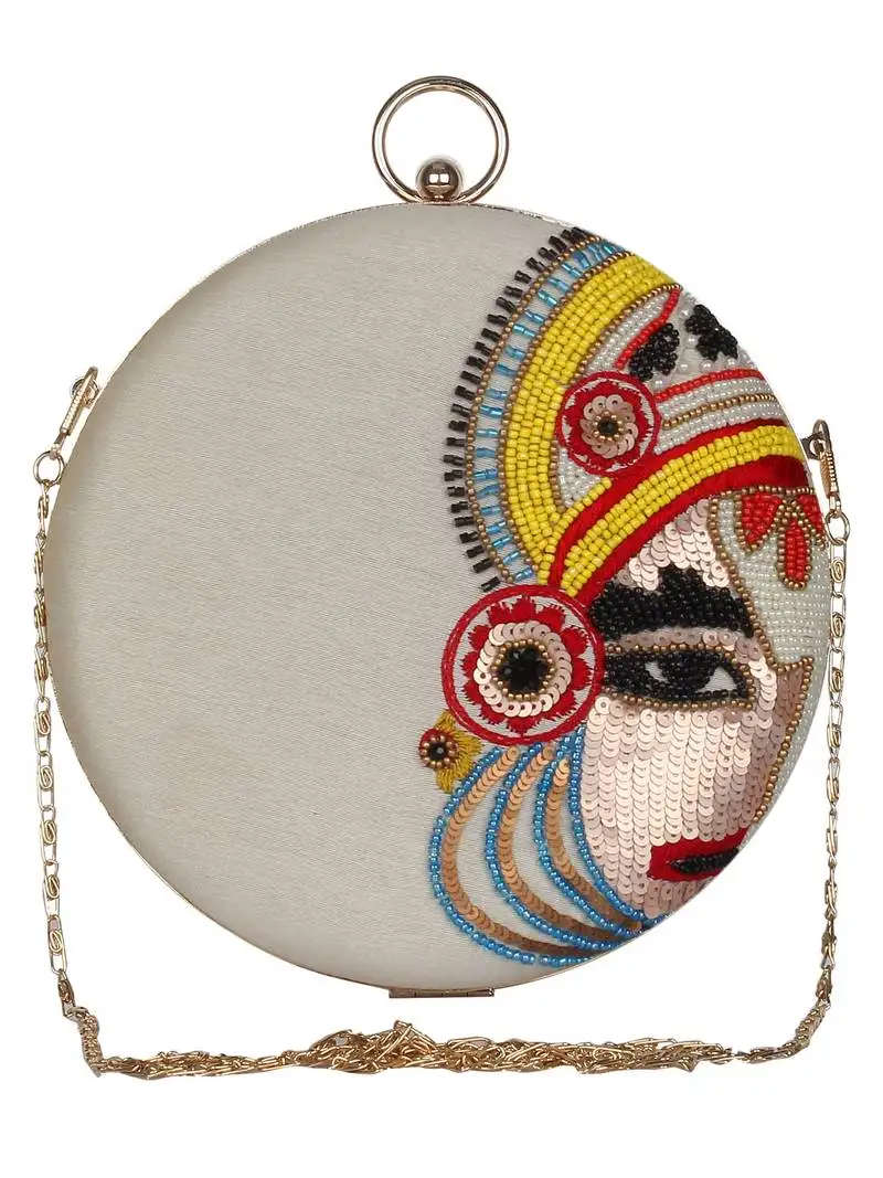 Kathak embroidered faux silk round clutch white & multi
