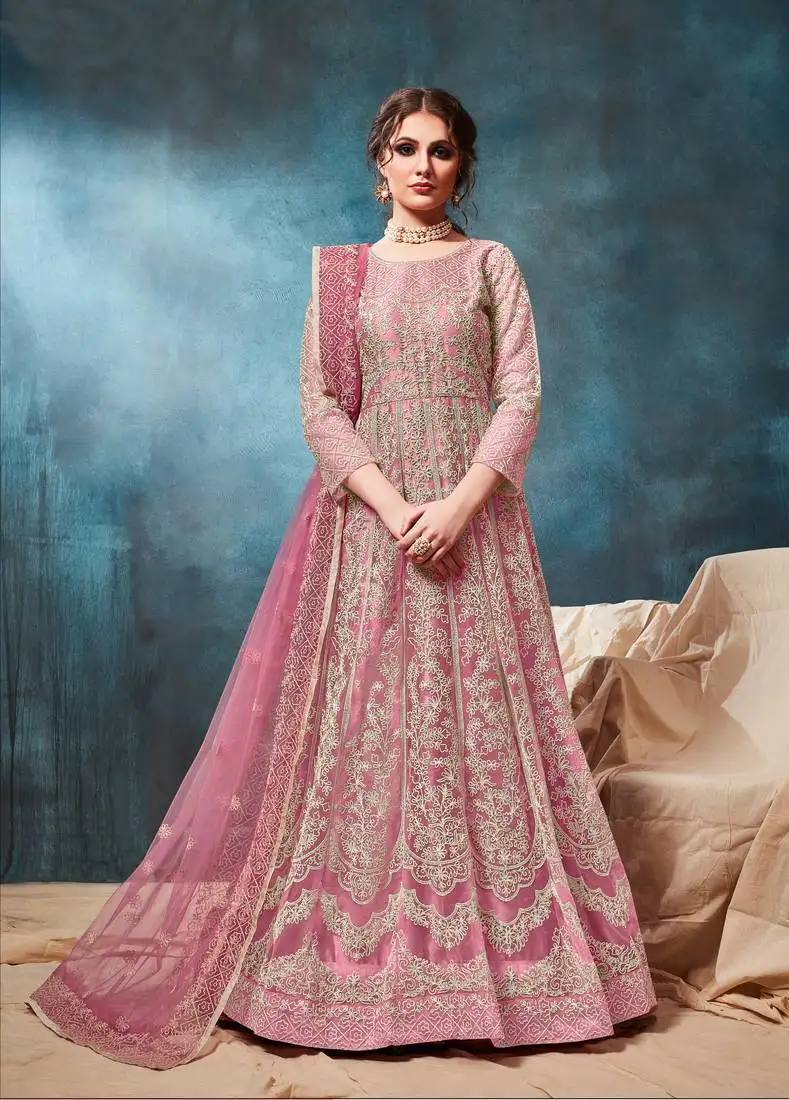 Light-pink embroidered net salwar semi stitched