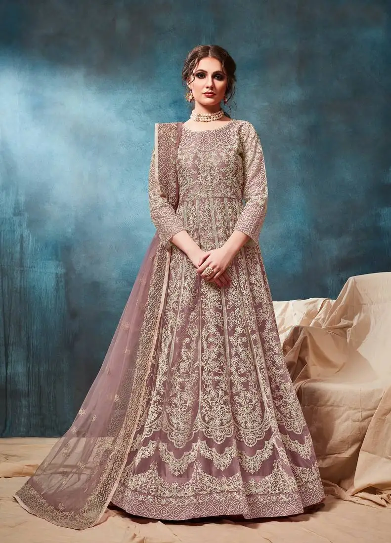 Light-brown embroidered net salwar semi stitched