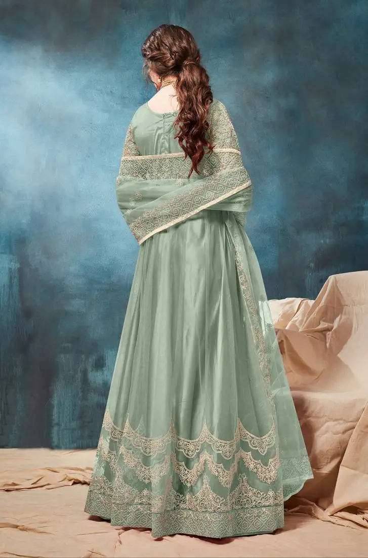 Light-green embroidered net salwar semi stitched