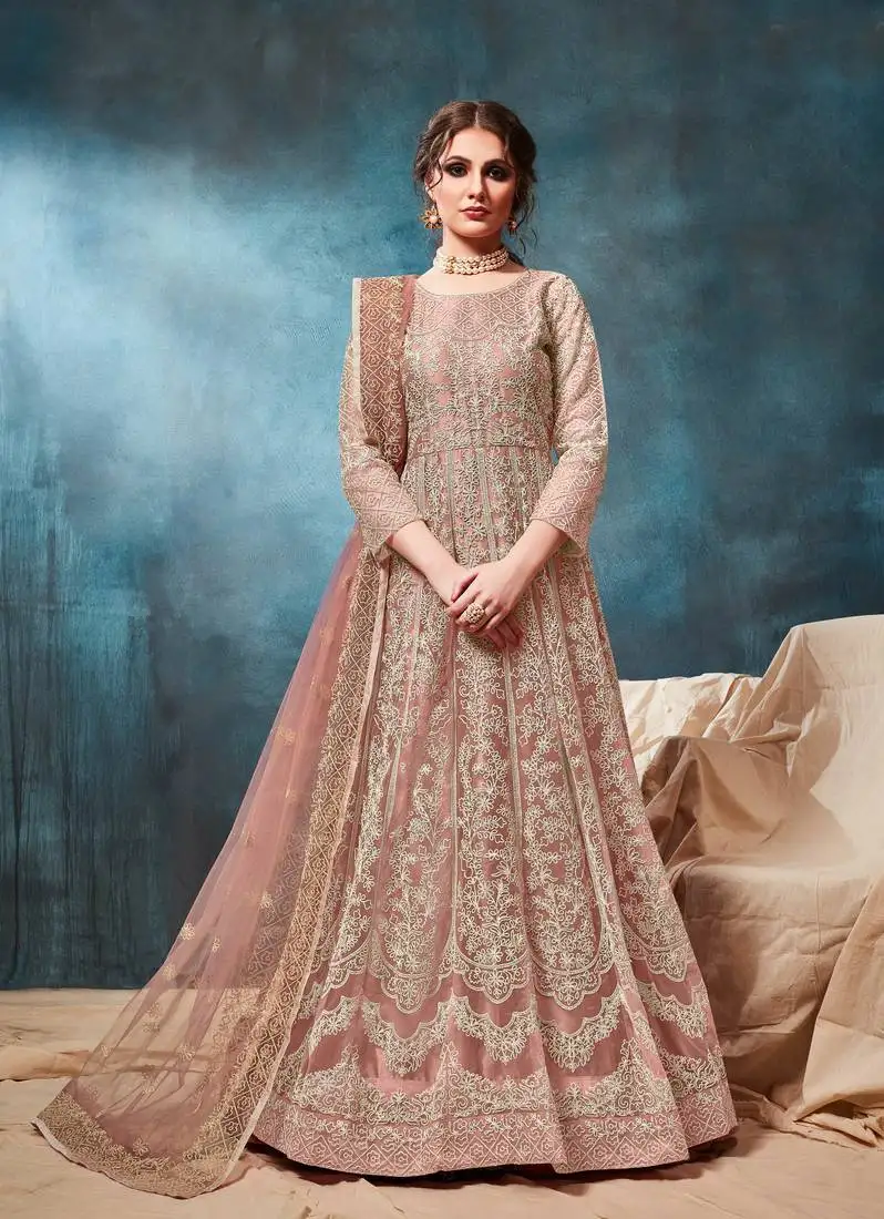 Peach embroidered net salwar semi stitched