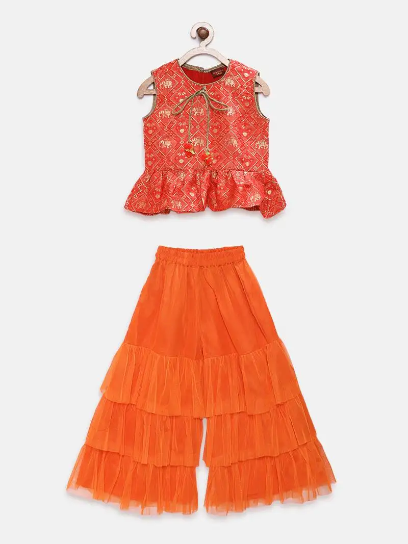Orange printed jacquard girls-top-bottom