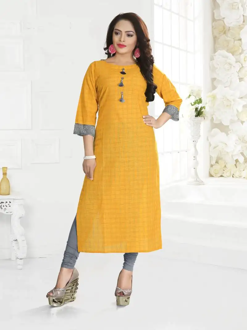 Yellow printed cotton kurtis