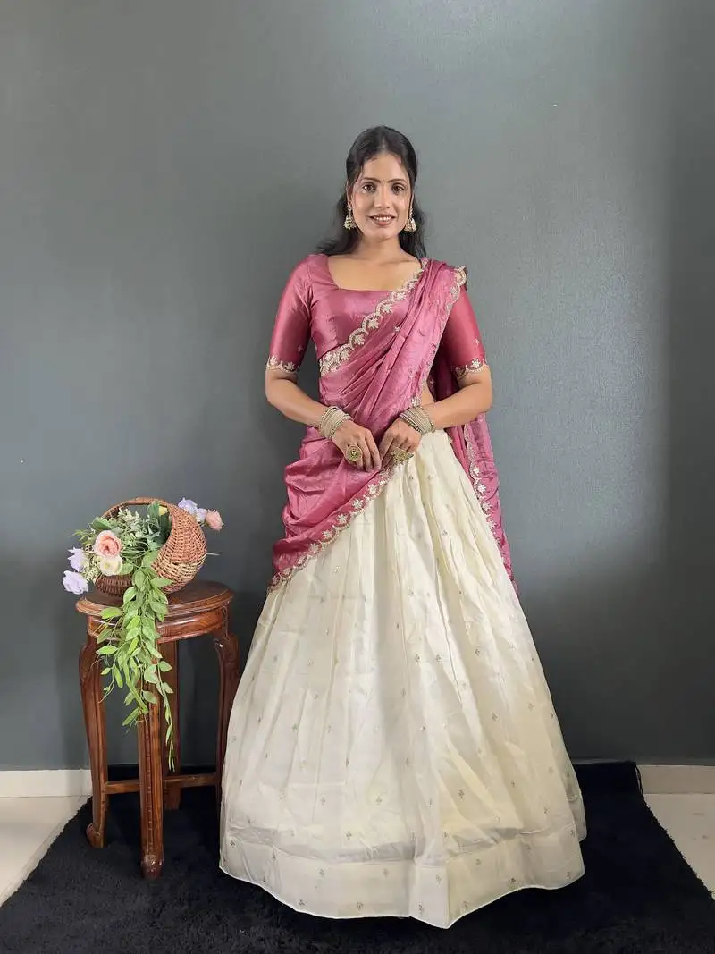 Pink tissue silk embroidery lehehga choli set