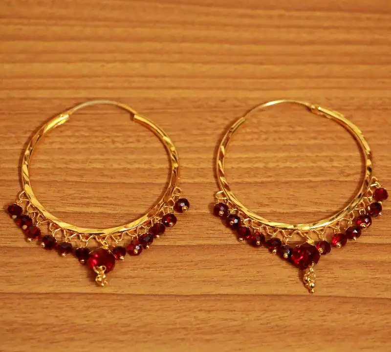 Maroon crystal gold look hoops